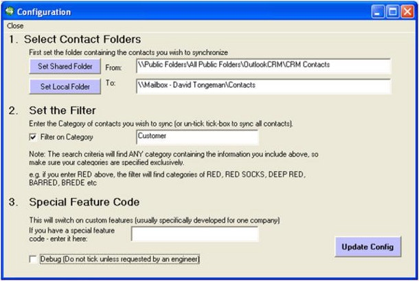 Configuration of synchronising folders